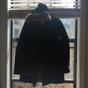 Jack Navy Knee Length Jacket - Faux Fur Hood Trim